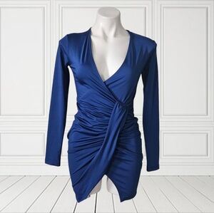 CEFIAN Elegant Blue Long Sleeve Wrap Dress Small